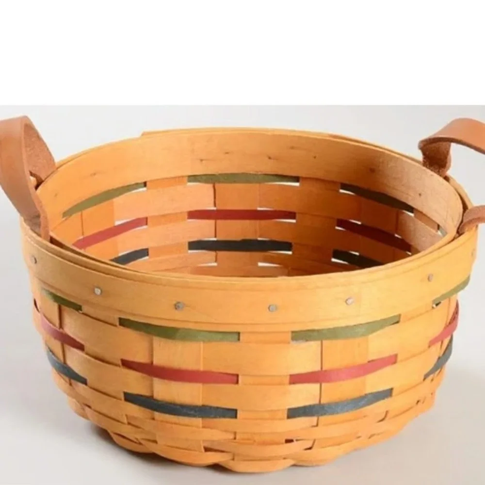Longaberger Baskets Handwoven Woven Wood Strip Basket Leather Handles‎ 10 in.